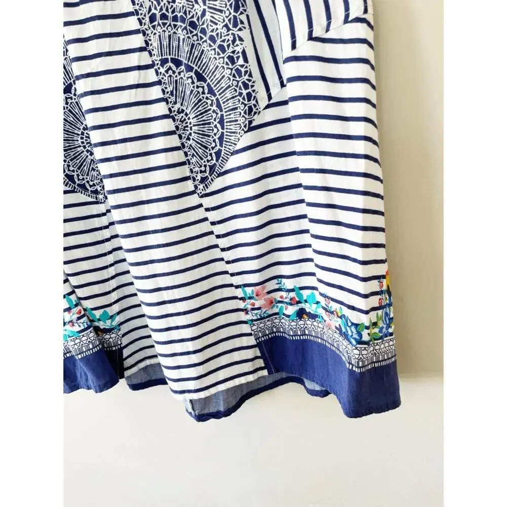 CAbi Navy and White Striped Cami with Floral Hem Size Medium EUC